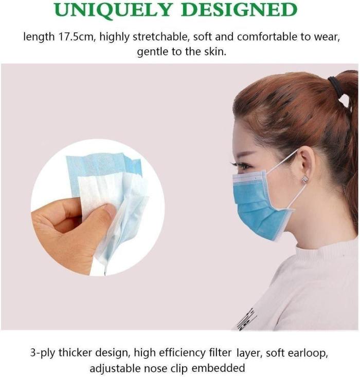 3-Ply Disposable Face Mask, Dust Mask Flu Face Masks with Elastic Ear Loop for All People