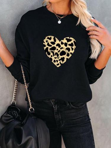 Womens Long Sleeve Heart Leopard Sweatshirt