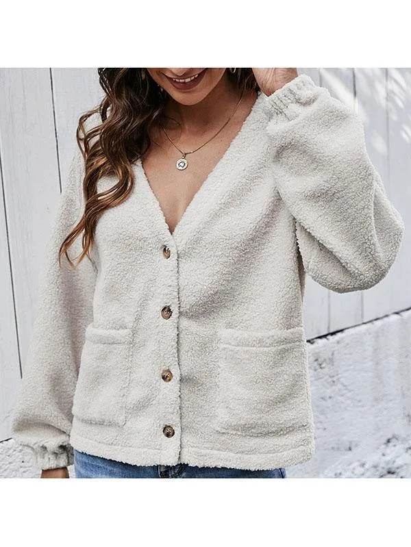 Womens Button Front V Neck Fuzzy Cardigan Coat