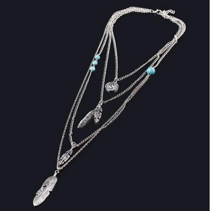 Bohemian Multi-Layer Feathers And Charms Necklace