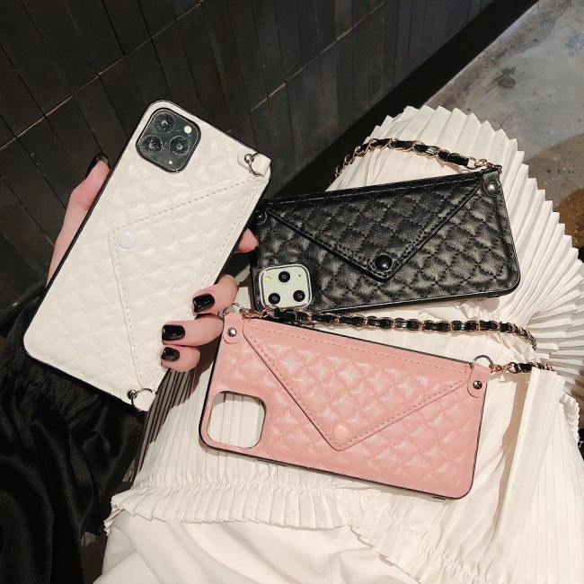Quilted Leather Wallet Phone Case With Crossbody Chain