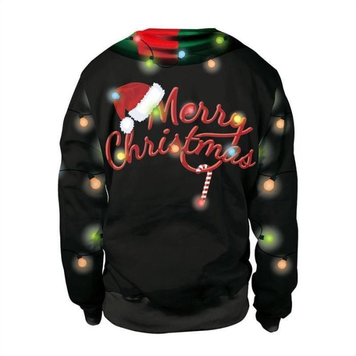 Mens Black Pullover Sweatshirt 3D Graphic Printing Merry Christmas Pattern