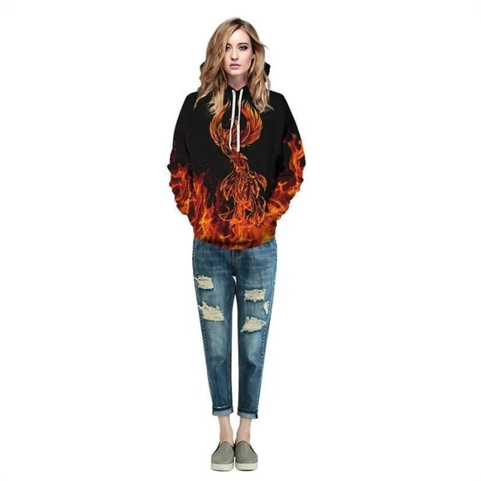 Mens Hoodies 3D Graphic Printed Phoenix In Fire Pullover Hoodie