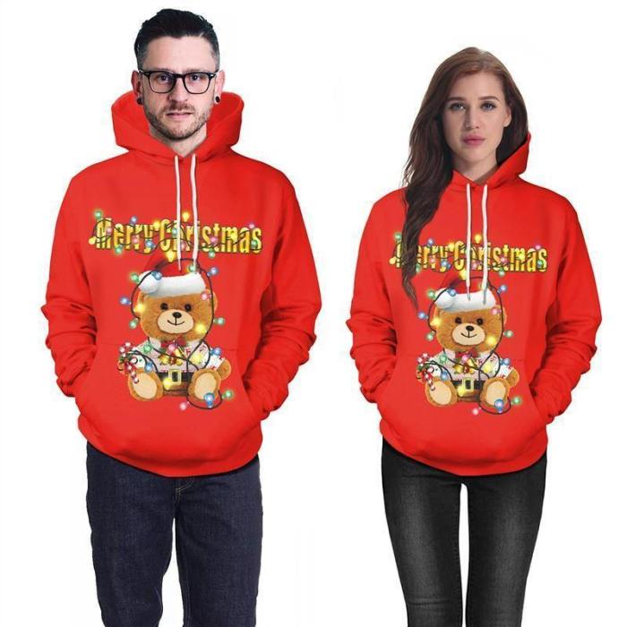 Mens Red Hoodies 3D Graphic Printed Merry Christmas Glowing Bear Pullover