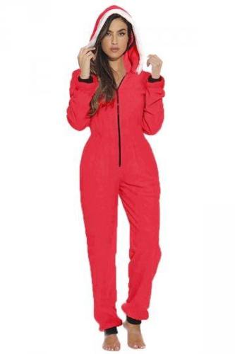 Womens Zipper Santa Onesie With Hood Red