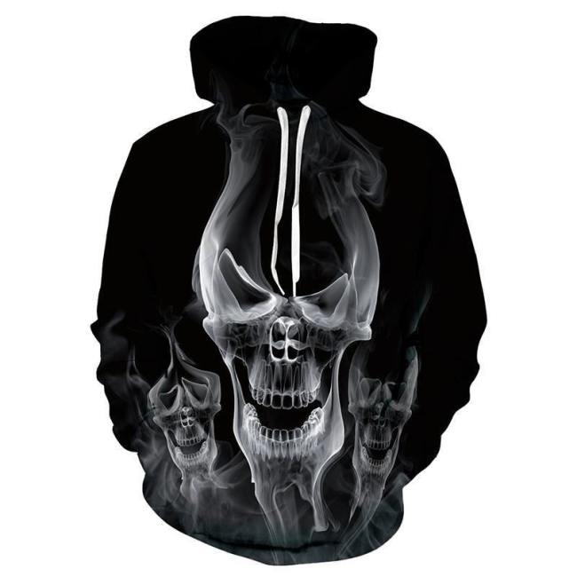 Mens Black Hoodies 3D Printing Skull Smoke Printed Hoody