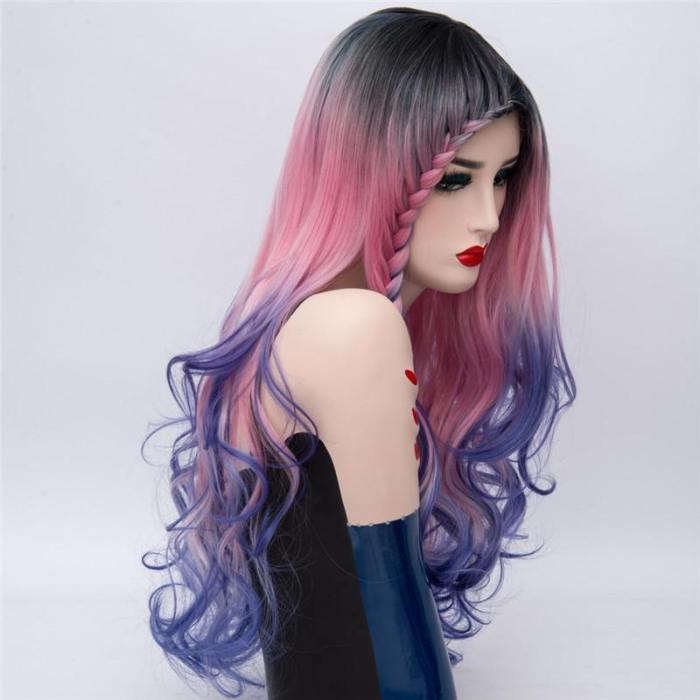 Long Braids Cosplay Wigs For Women Rainbow Ombre Braiding Synthetic Wavy Wig