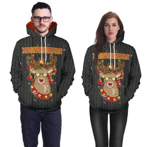 Mens Black Hoodies 3D Graphic Printed Merry Christmas Cool Deer Pullover