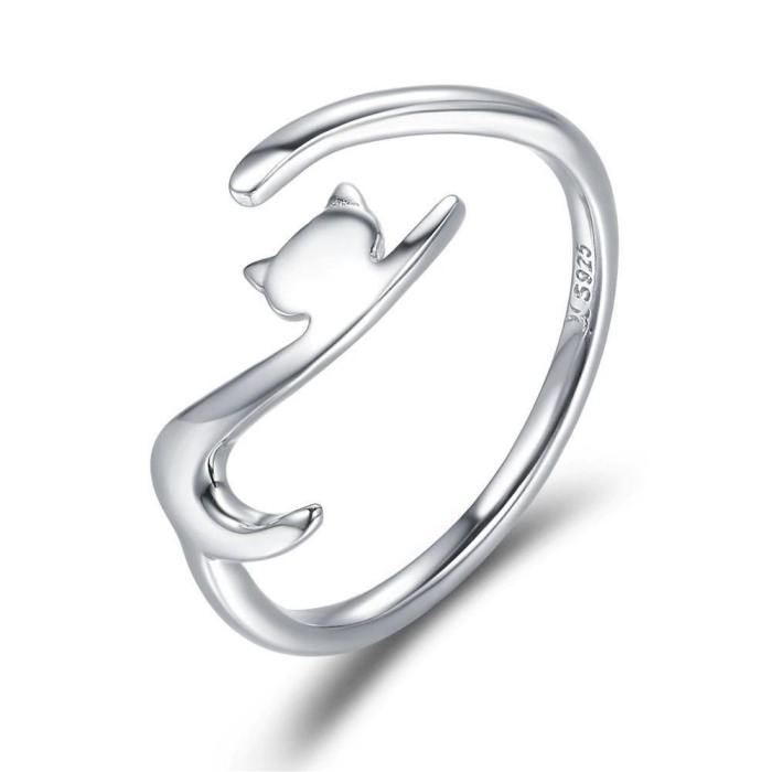 Sterling Silver Stretching Cat With Wrap Around Tail Ring