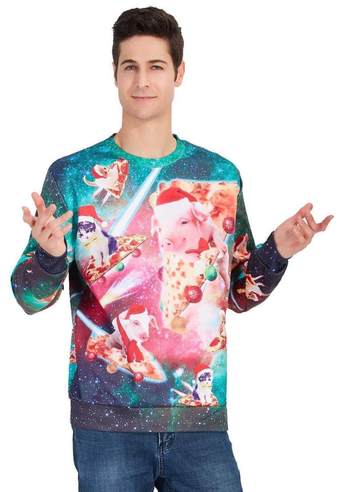 Mens Pullover Sweatshirt 3D Printing Cat Pizza Pattern