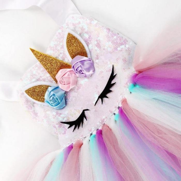 Girls Unicorn Tutu Dress With Gold Headband Wings Princess Halloween Party Dress