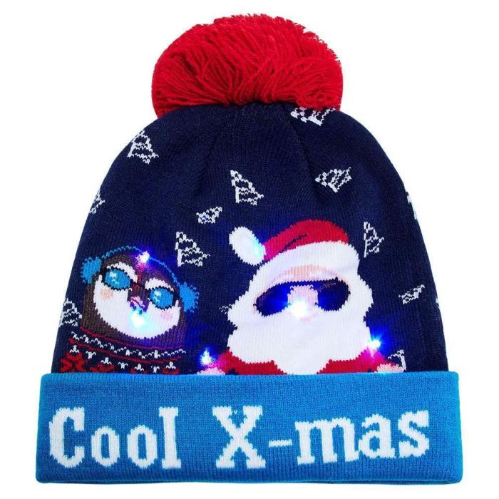 Cool X-Mas Christmas Hats With Led Light Up Ugly Sweater Holiday Knitted Beanie Cap