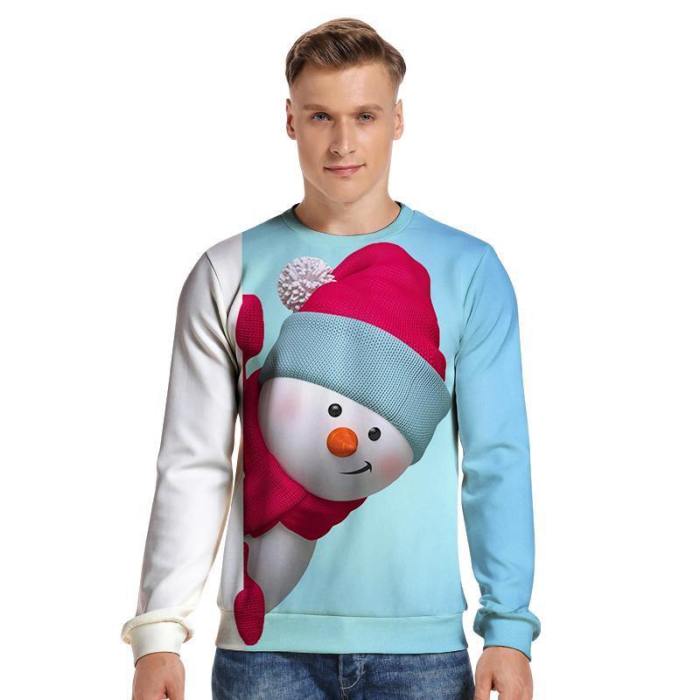 Mens Pullover Sweatshirt 3D Printed Kawaii Snowman Christmas Long Sleeve Shirts