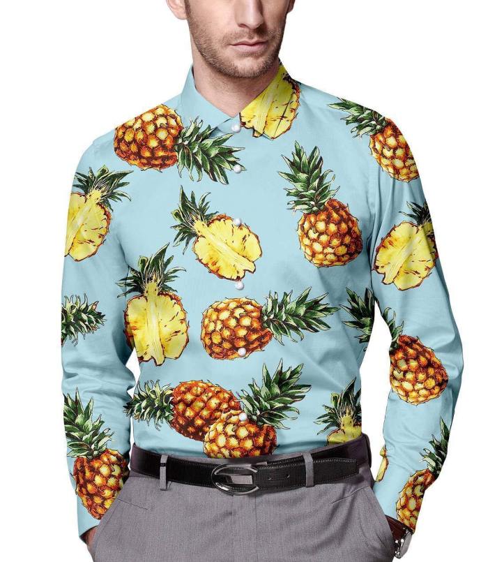 Sale Sale Sale!!!  Men'S Business Shirts Blue Pineapple Printed Long Sleeve Dress Shirts