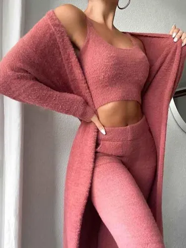 Womens Sexy Fuzzy Crop Top Pants Set Loungewear 3 Piece Outfit