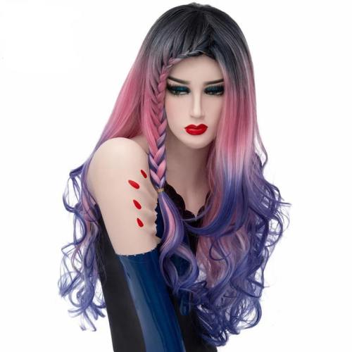 Long Braids Cosplay Wigs For Women Rainbow Ombre Braiding Synthetic Wavy Wig