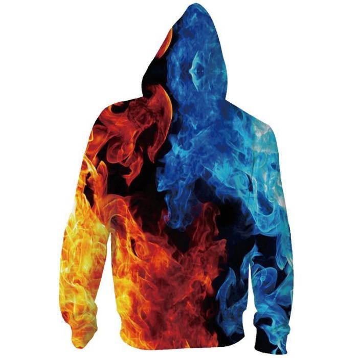Mens Zip Up Hoodies 3D Printed Big Fire Printing Hooded