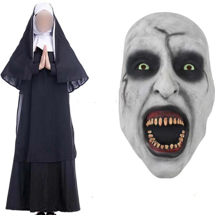 The Nun Costume Mask Cosplay Adult Long Black Scary Nuns Ghost Clothes Uniform