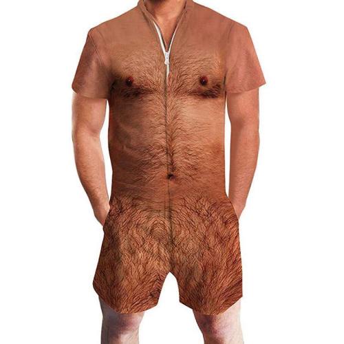 Mens Rompers Hairy Chest Printing Jumpsuit