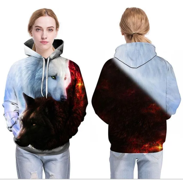 Black And White Double Wolf 3D Printed Hoodies