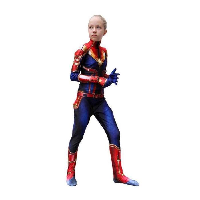 Kids Adult Captain Marvel Costume Cosplay 3D Zentai Suit Jumpsuit