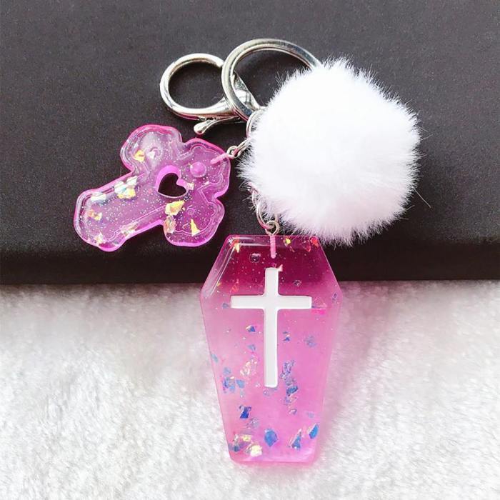 Glittery Resin Coffin With Puffer Ball Keychain