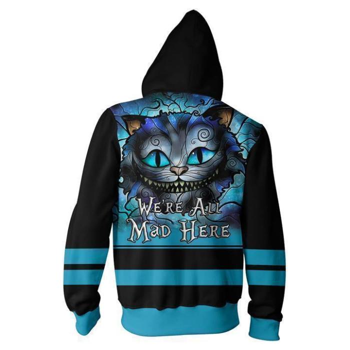 Alice In Wonderland Cat Zipper Hoodie Hooded 3D Print Unisex Fashion Pullover Sweatshirt Sportswear Streetwear Cosplay Costumes