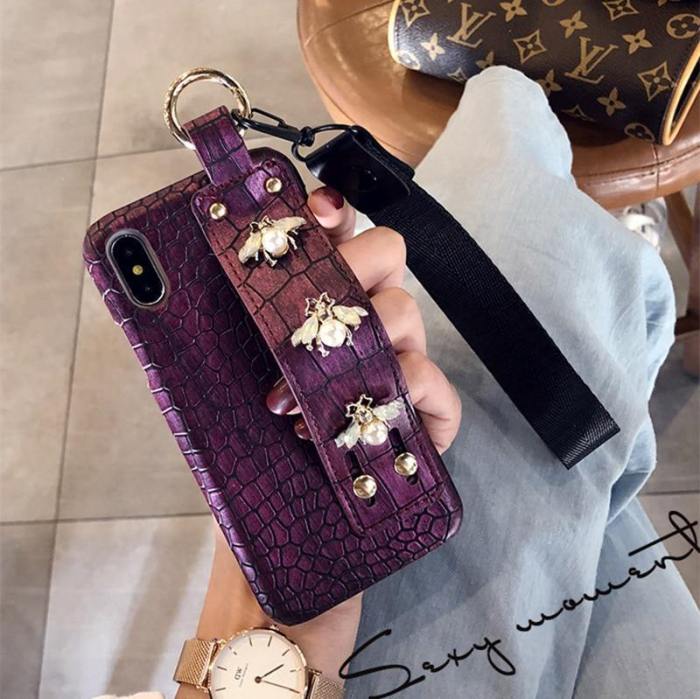 Luxury Pearl Bees Croc Leather Phone Case With Hand Strap Holder