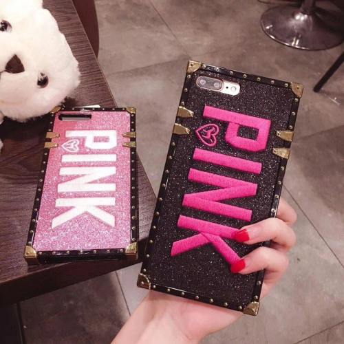 Luxury Glitter Metal Eye-Trunk Bag Phone Case With Embroidered 3D Pink Letter