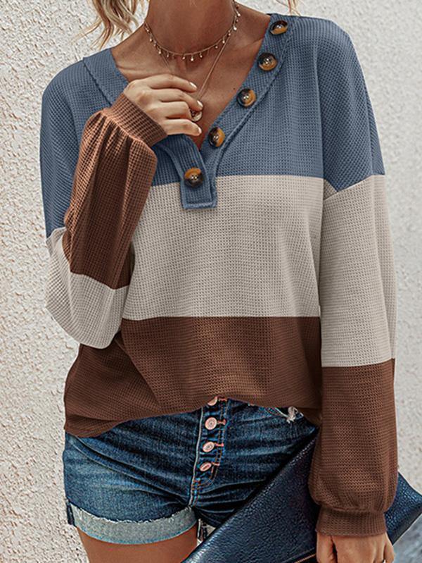 Women V Neck Button Waffle Knit Long Sleeve Shirts