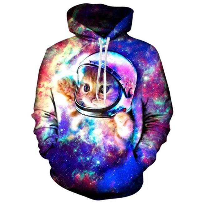 Mens Hoodies 3D Printing Astronaut Cat Printed Pattern Hooded