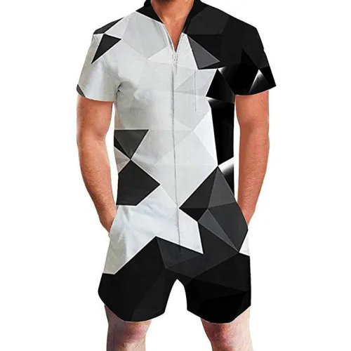 Men'S Rompers Zipper Jumpsuit Black And White Diamond Geometry Printed