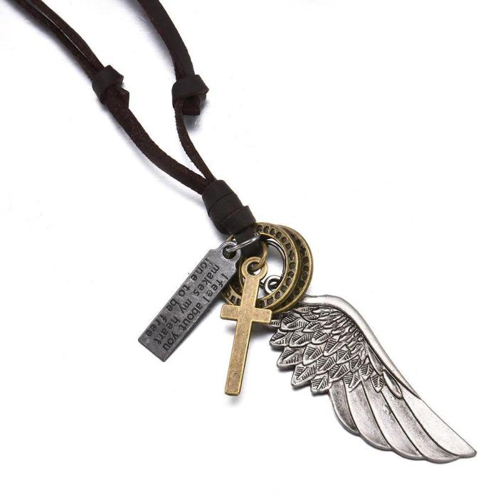 Vintage Angel Wing And Cross Pendant Necklace