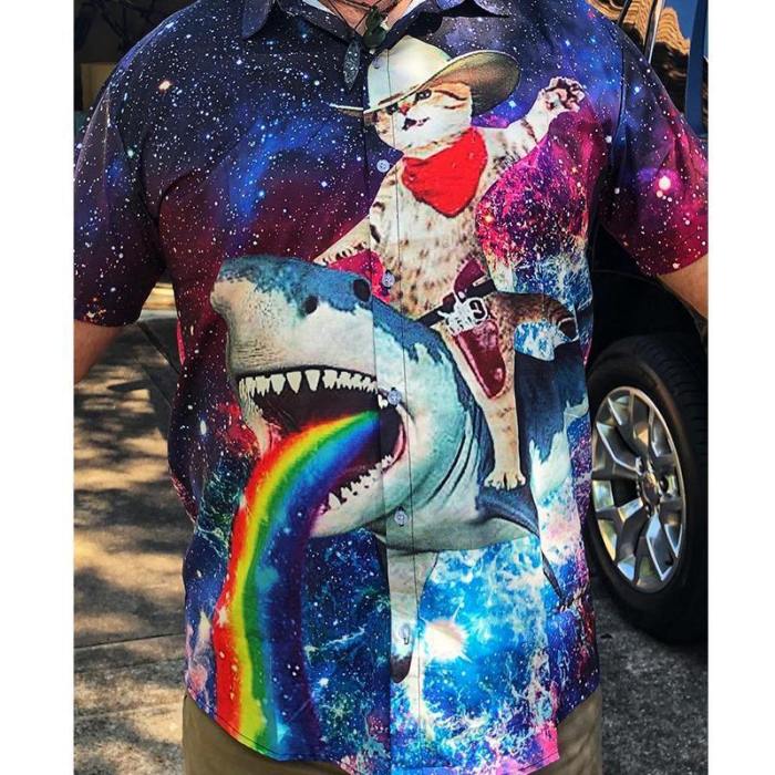 Men'S Tropical Beach Hawaiian Shirt Cat Riding Shark Print