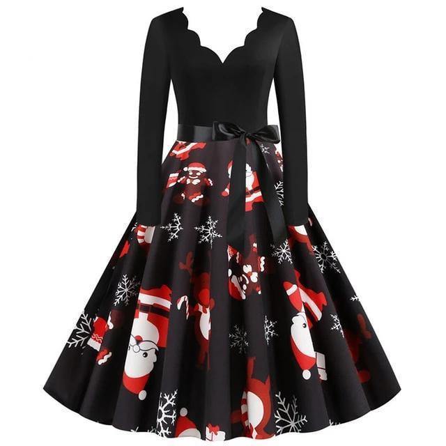 Black Big Swing Print Vintage Christmas Dress Women Winter Casual Long Sleeve V Neck Sexy New Year Party Dress Plus Size S~3Xl
