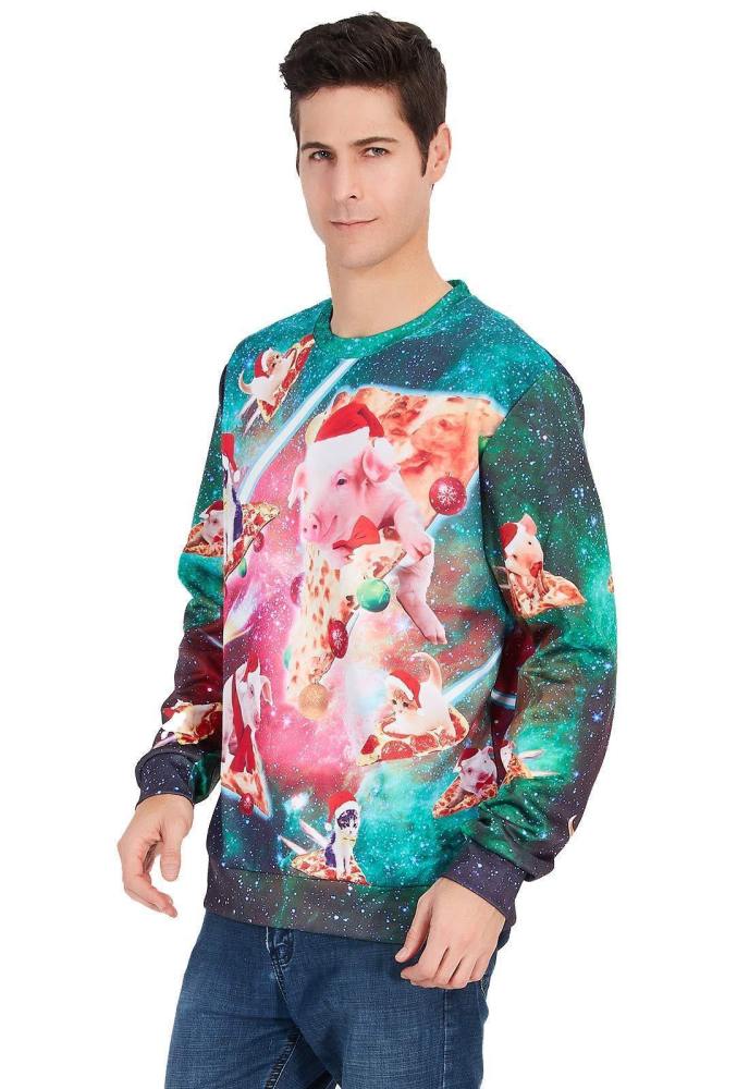 Mens Pullover Sweatshirt 3D Printing Cat Pizza Pattern