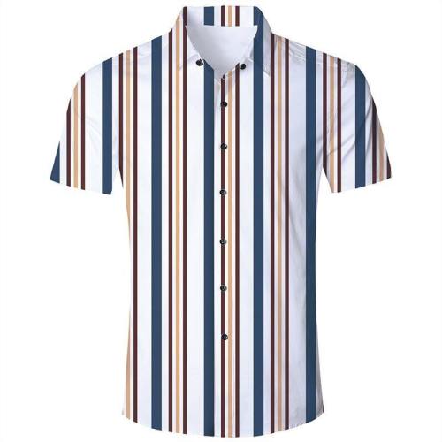 Men'S Hawaiian Short Sleeve Shirts White Blue Stripes Print