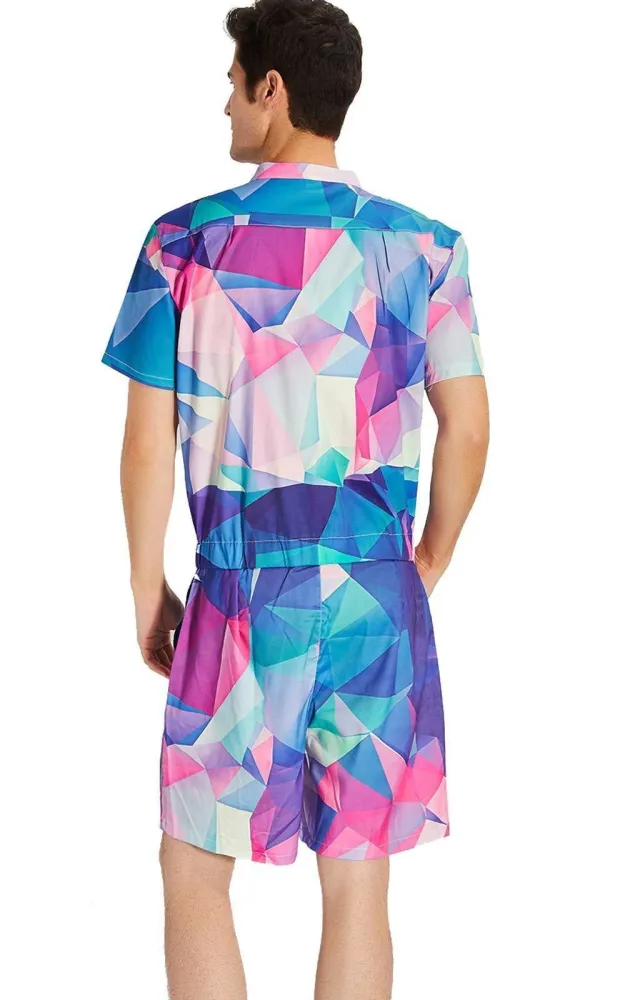 Men'S Rompers Zipper Jumpsuit Rainbow Diamond Geometry Printed
