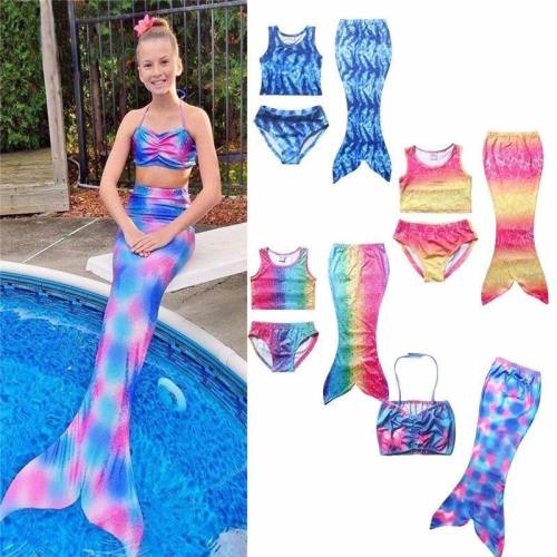 3 Pcs Girls Rainbow Mermaid Tail Swimwear Bathing Suit Cosplay Costume Bikini Swimsuit Swimming
