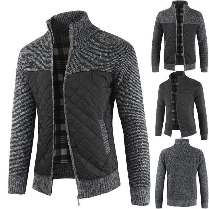 Men Fashion Patchwork Color Zipper Thick Knitted Cardigan