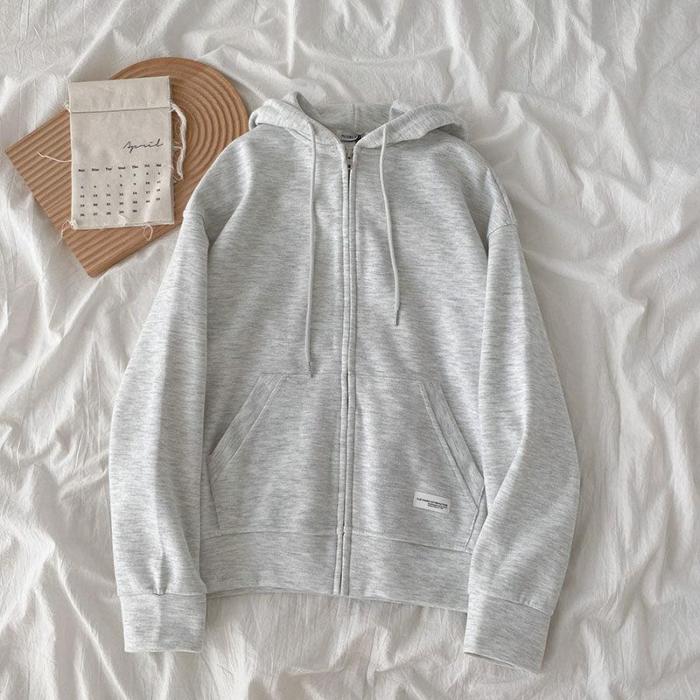Korean Women Oversize Zip Up Hooded Sweatshirts Cotton Loose Casual Couple Hoodie Outfit