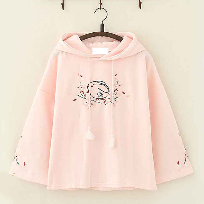 Cute Rabbit Floral Embroidery Hoodie