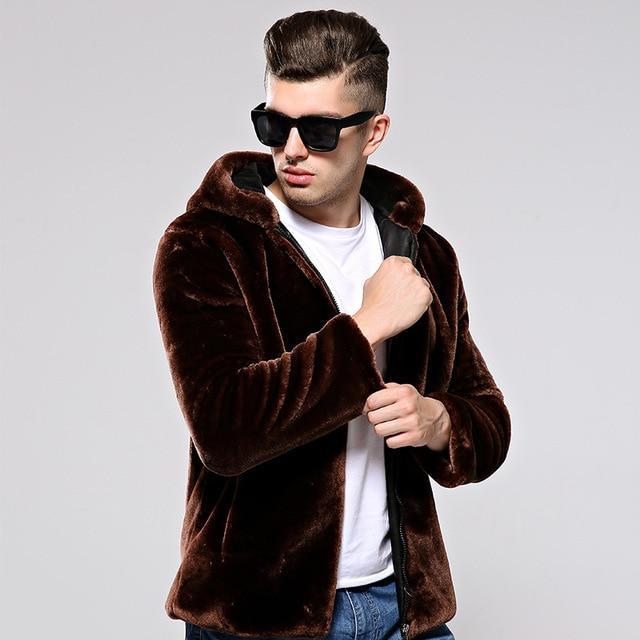 Mens Faux Mink Fur Fluffy Warm Coat Hooded Jacket Winter Loose Casual Tops
