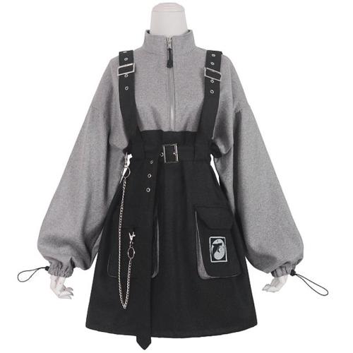 Punk Zipper Chain Pocket Sweatshirt Dress With Chest Waist Strap Adjustable Buckle Belt