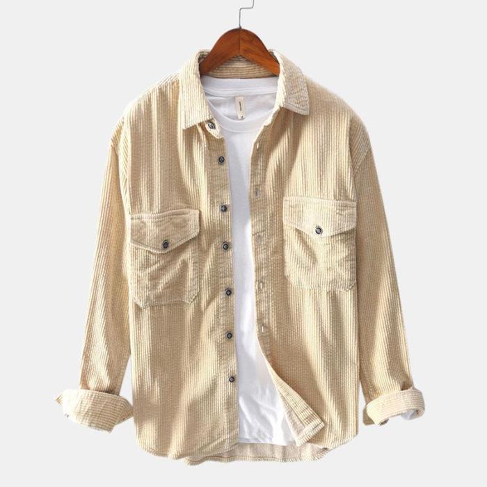 Manswears Vintage Corduroy Pocket Solid Color Long Sleeve Shirts