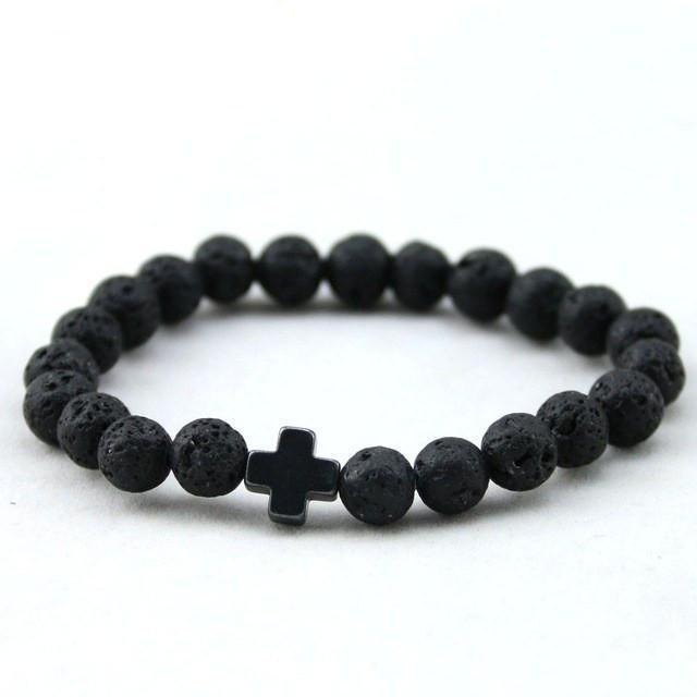 Black Cross Lava Beads Bracelet