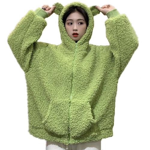 Avocado Color Zip-Up Sweatshirt Kawaii Fleece Faux Fur Long Sleeve Hooded Teddy Bear Ears Soft Hoodie
