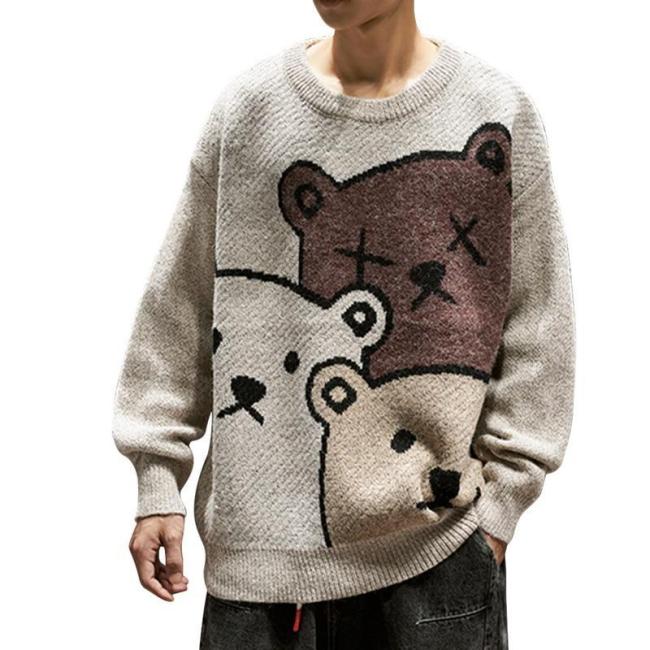 Cartoon Bear Sweater Men Winter Men Clothing Fashional Long Sleeve Knitted Pullover Sweater Oversized   Cotton Coat