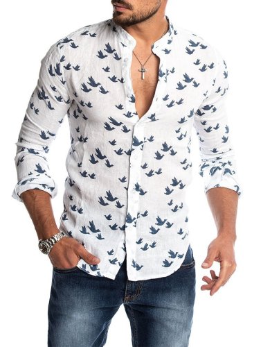 Men'S  3D Printed Linen Color Matching Casual T Shirt