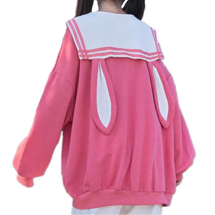 Japanese Lolita Style Cute Bowknot Sweatshirts Rabbit Long Ears Sailor Collar Hoodie Oversize Loose Pullovers Top